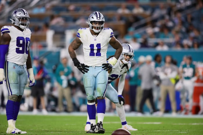 Dec 24, 2023; Miami Gardens, Florida, USA; Dallas Cowboys linebacker Micah Parsons (11) looks on against the Miami Dolphins during the fourth quarter at Hard Rock Stadium.
